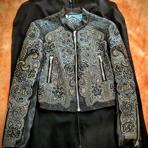 Kippys Black Leather Jacket with Silver/gold/swarovski crystal embellishments